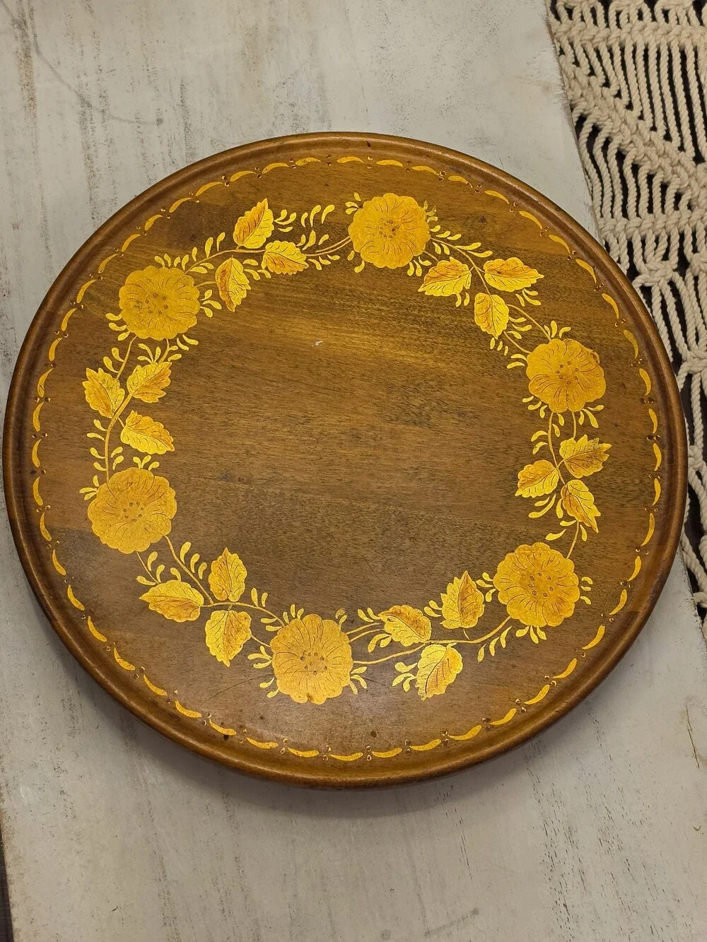 Vintage Signed Folk Art Wooden Lazy Susan Turntable Hand Painted Wreath